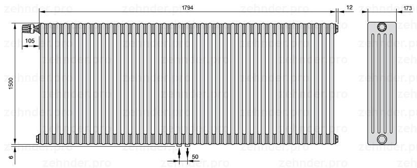 Схема (чертеж) Радиатор Zehnder Charleston 5150/39 №V007 Белый глянцевый RAL 9016